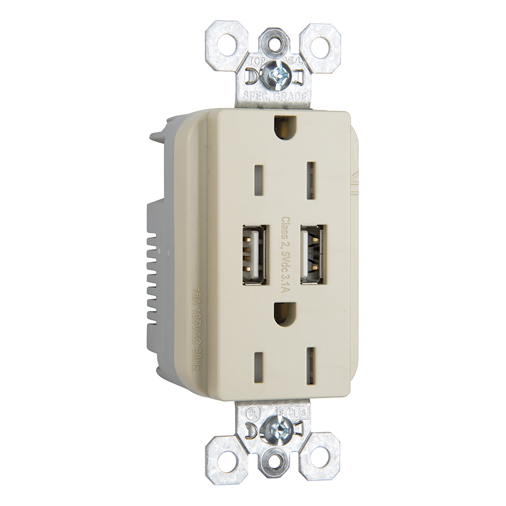 TR5262USBI 15 Amp 125V Fed Spec-Grade USB Type A/A Outlet, Ivory