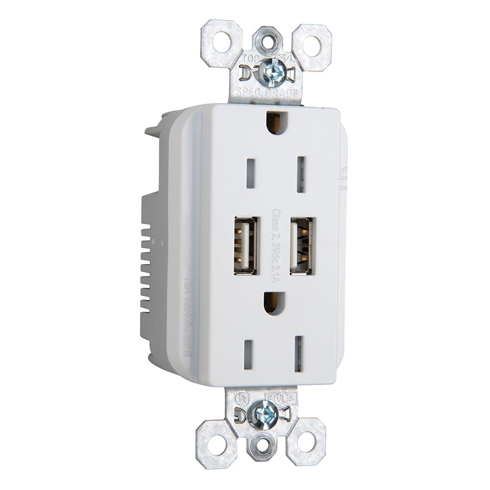 TR5262USBW 15 Amp 125V Fed Spec-Grade USB Type A/A Outlet, White