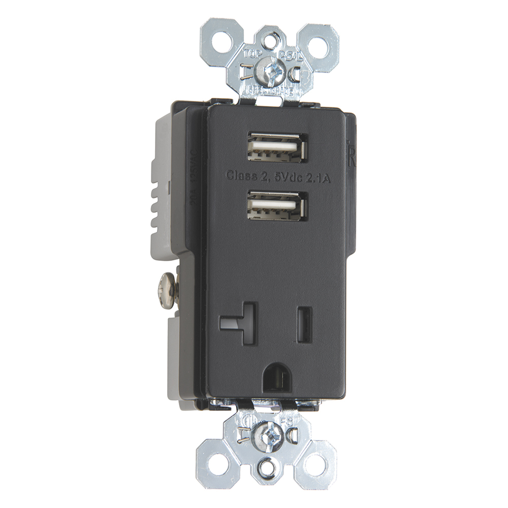 TR5361USBBK Decorator USB Charger, 20 A, 125 V AC, 1 Phase, 2 Poles, 3 Wires, Black