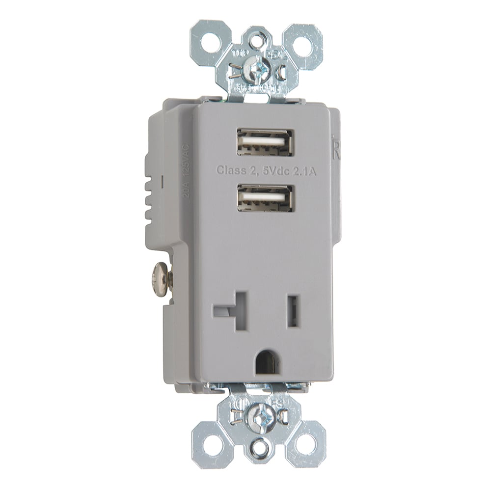 TR5361USBGRY Decorator USB Charger, 20 A, 125 V AC, 1 Phase, 2 Poles, 3 Wires, Gray