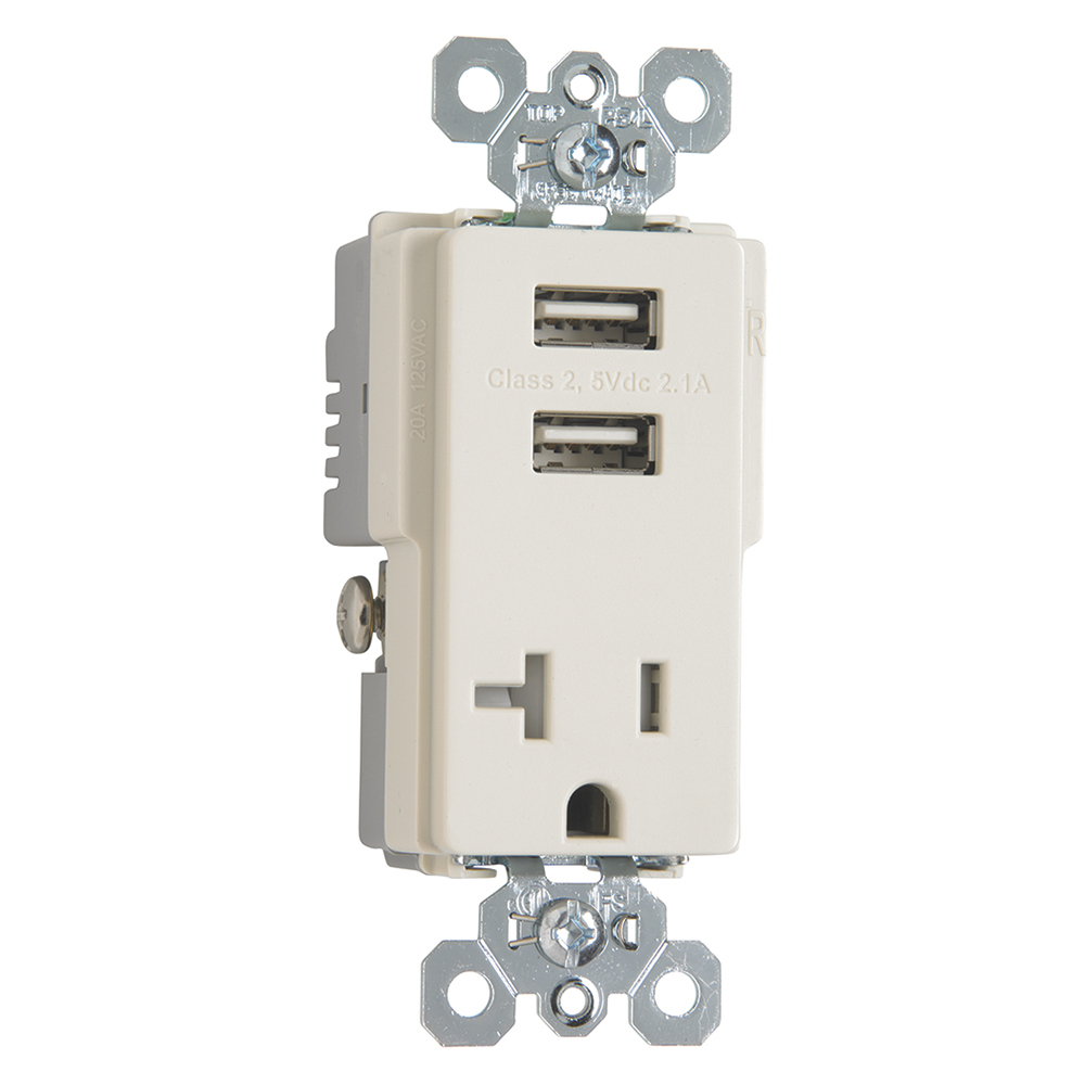 TR5361USBLA Decorator USB Charger, 20 A, 125 V AC, 1 Phase, 2 Poles, 3 Wires, Light Almond