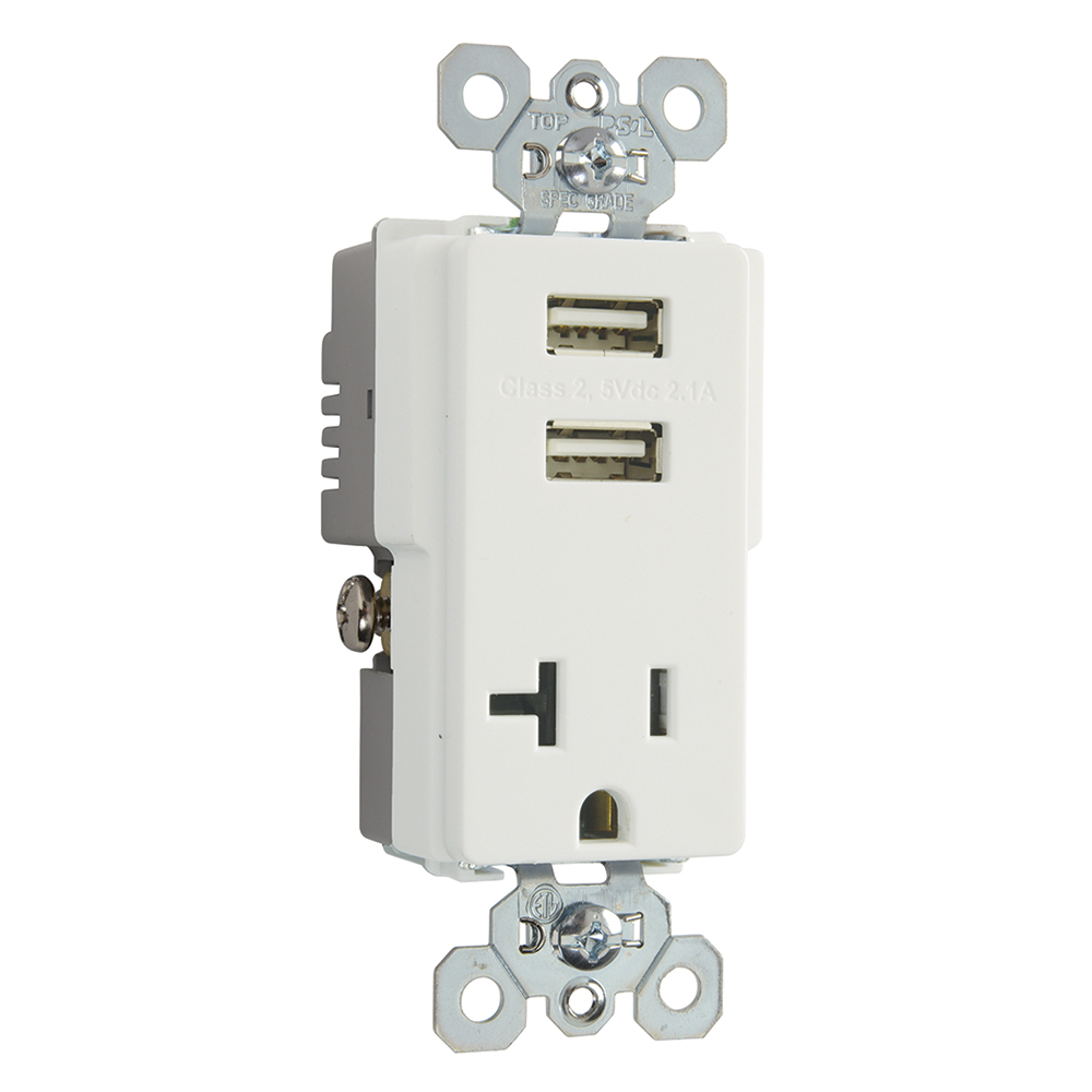 TR5361USBW Decorator USB Charger, 20 A, 125 V AC, 1 Phase, 2 Poles, 3 Wires, White