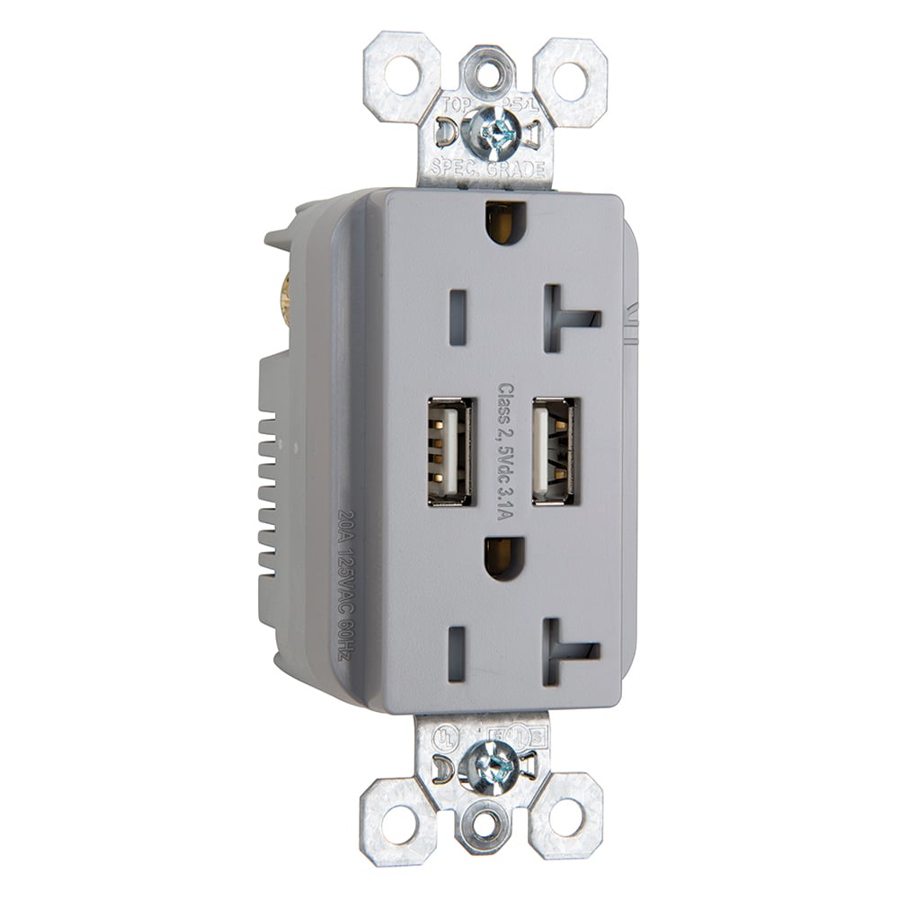 TR5362USBGRY 20 Amp 125V Fed Spec-Grade USB Type A/A Outlet, Gray