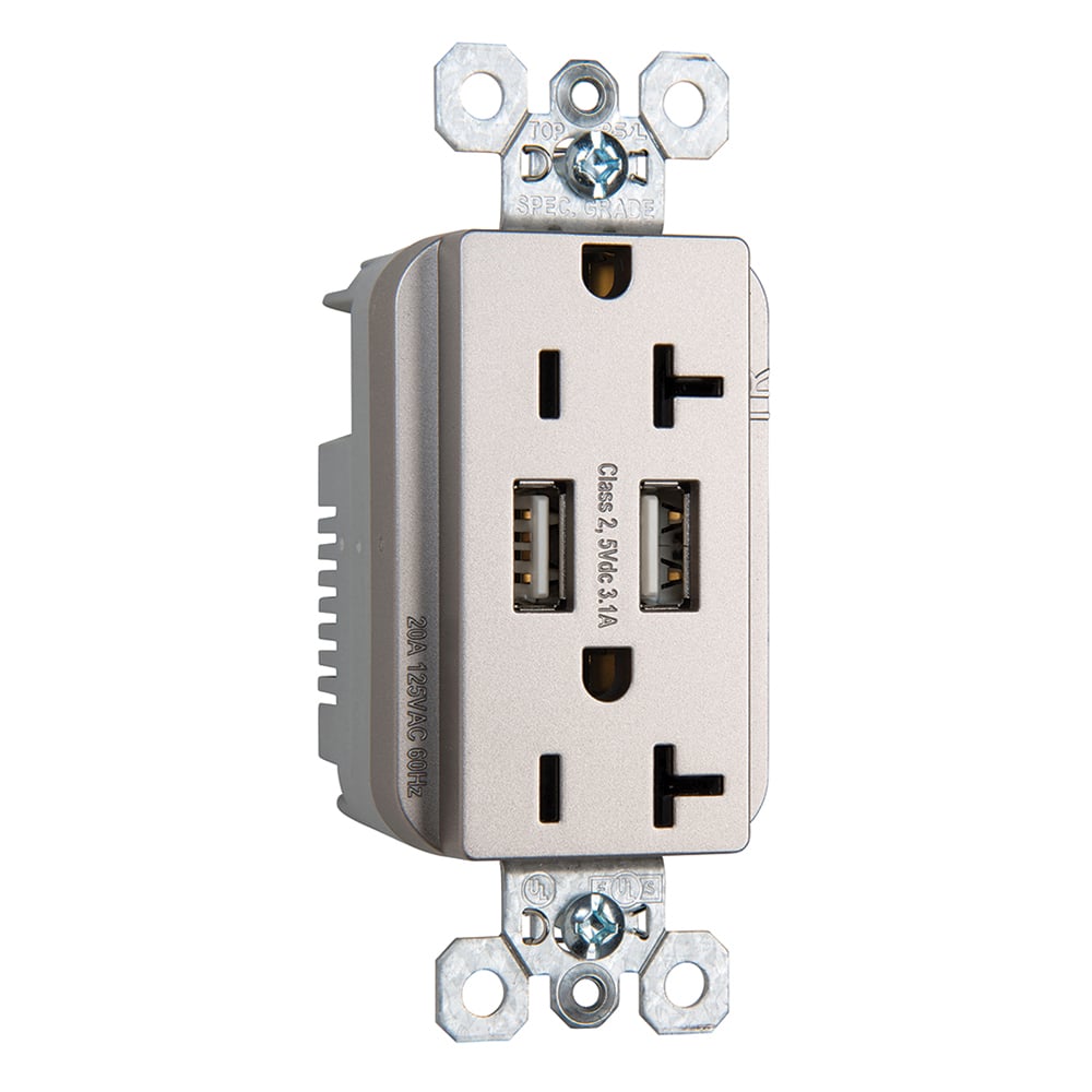 TR5362USBNI 20 Amp 125V Fed Spec-Grade USB Type A/A Outlet, Nickel