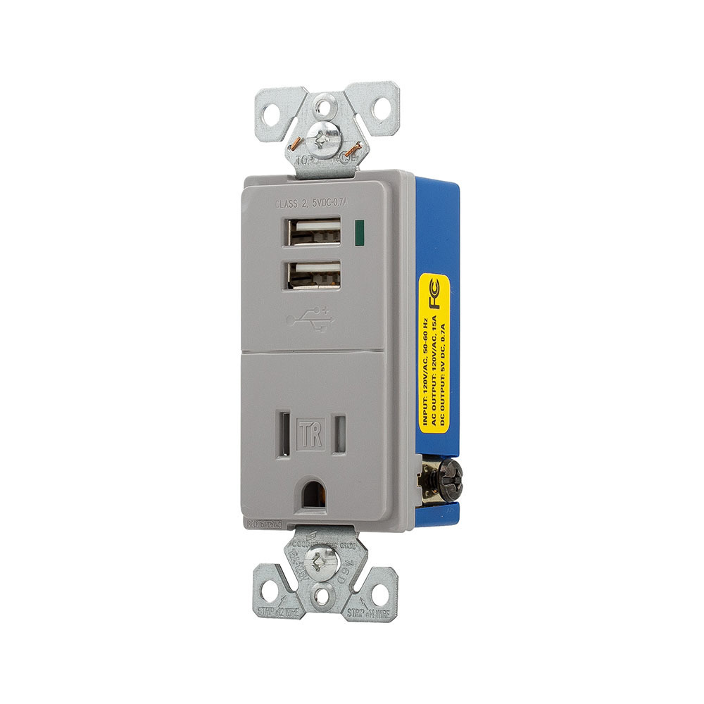 TR7740GY-BOX Arrow Hart Tamper Resistant Combo USB Charger and Duplex Receptacle, 2 Poles, 3 Wires, Gray