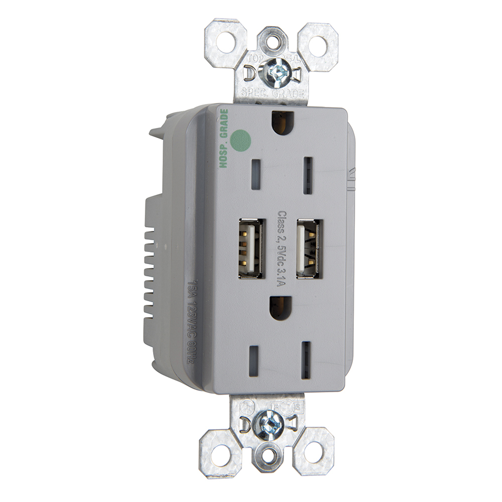 TR8200HUSBGRY Decorator Duplex Tamper-Resistant Combination Receptacle With USB Charger, 15 A, 125 V AC, Gray
