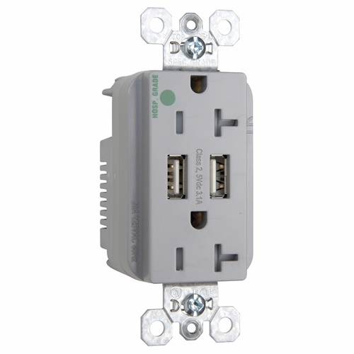 TR8300HUSBGRY 20 Amp 125V Hospital-Grade USB Type A/A Outlet, Gray