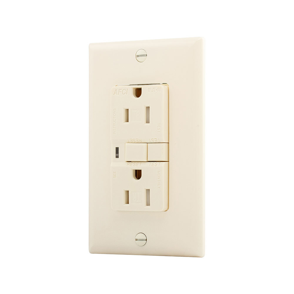 Eaton AFCI receptacle, Visual trip indicator light, 15A, 125V, Back wire and side wire, AFCI, Almond, Brass, Receptacle, Tamper resistant, PVC, 5-15R, Two-pole, three-wire, grounding