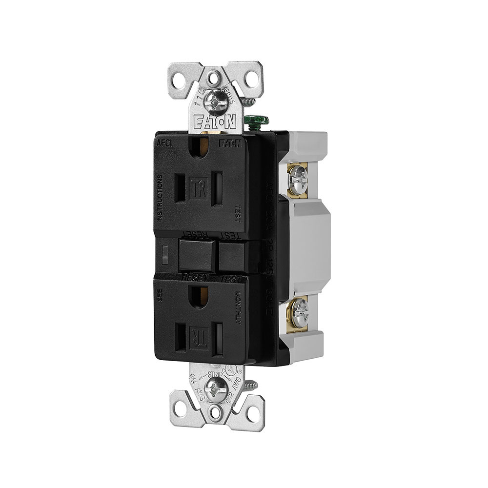 Eaton AFCI receptacle, Visual trip indicator light, 15A, 125V, Back wire and side wire, AFCI, Black, Brass, Receptacle, Tamper resistant, PVC, 5-15R, Two-pole, three-wire, grounding