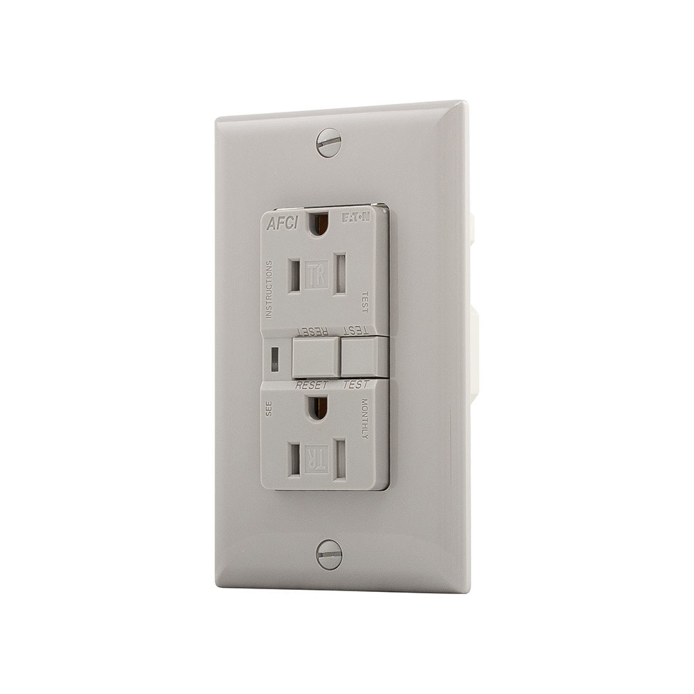 Eaton AFCI receptacle, Visual trip indicator light, 15A, 125V, Back wire and side wire, AFCI, Gray, Brass, Receptacle, Tamper resistant, PVC, 5-15R, Two-pole, three-wire, grounding