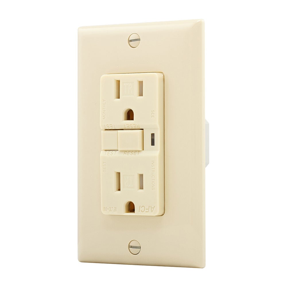 Eaton AFCI receptacle, Visual trip indicator light, 15A, 125V, Back wire and side wire, AFCI, Ivory, Brass, Receptacle, Tamper resistant, PVC, 5-15R, Two-pole, three-wire, grounding