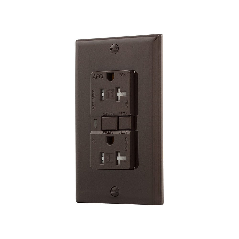 Eaton AFCI receptacle,Tamper resistant,#14 - 10 AWG,20A,Residential,Commercial,Flush,125 V,AFCI,Back and side wire,Brown,Brass,Receptacle,Tamper resistant,Polycarbonate,5-20R,Two-pole, three-wire, grounding