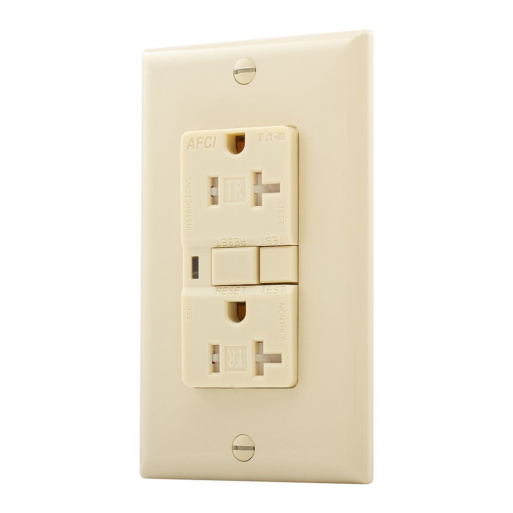 Eaton AFCI receptacle,Tamper resistant,#14 - 10 AWG,20A,Residential,Commercial,Flush,125 V,AFCI,Back and side wire,Ivory,Brass,Receptacle,Tamper resistant,Polycarbonate,5-20R,Two-pole, three-wire, grounding