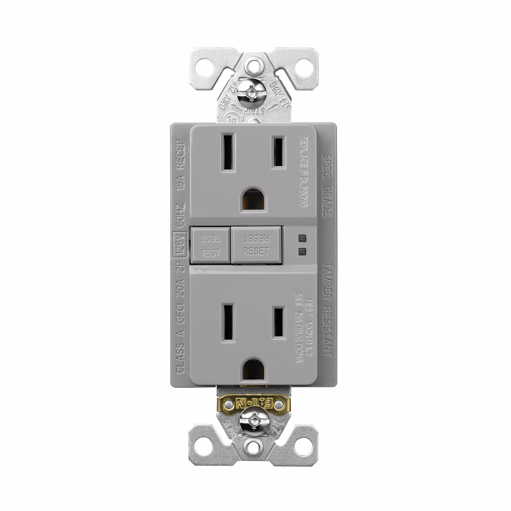 Eaton GFCI receptacle,Tamper resistant,Self-test,#14 - 10 AWG,15A,Residential,Commercial,Flush,125 V,GFCI,Back and side wire,Gray,Brass,Receptacle,Tamper resistant,Polycarbonate,5-15R,Two-pole,Three-wire,Two-pole, three-wire, grounding