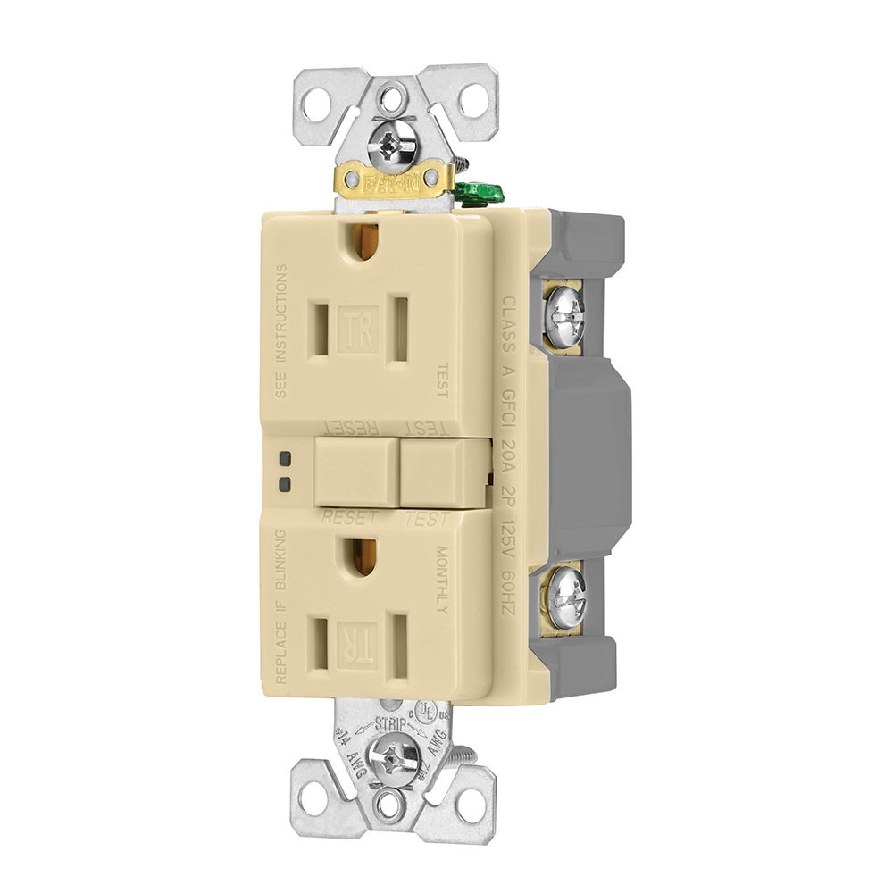 TRSGF15V TRSGF Duplex Grounding Self-Test Tamper Resistant GFCI Receptacle, 125 V AC, 15 A, 2 Poles, 3 Wires, Ivory
