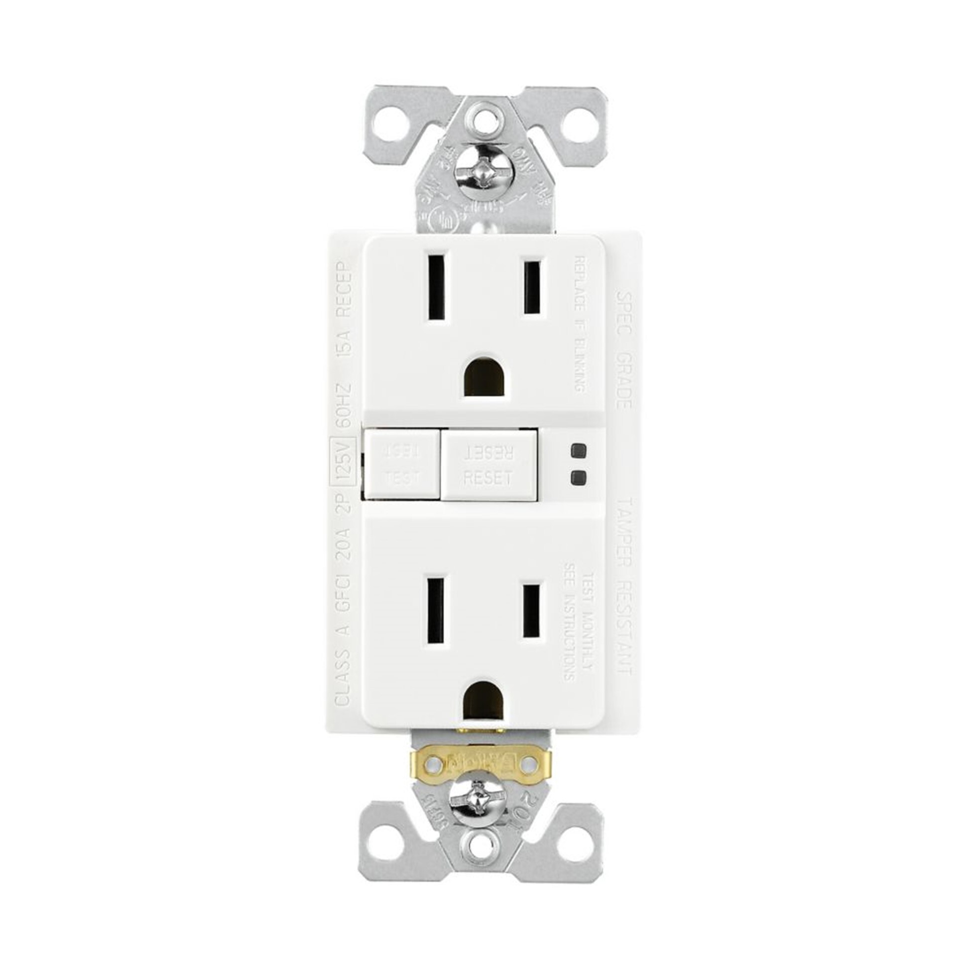 TRSGF15W Arrow Hart Duplex Grounding Self-Test Tamper-Resistant GFCI Receptacle, 125 V AC, 15 A, 2 Poles, 3 Wires, White
