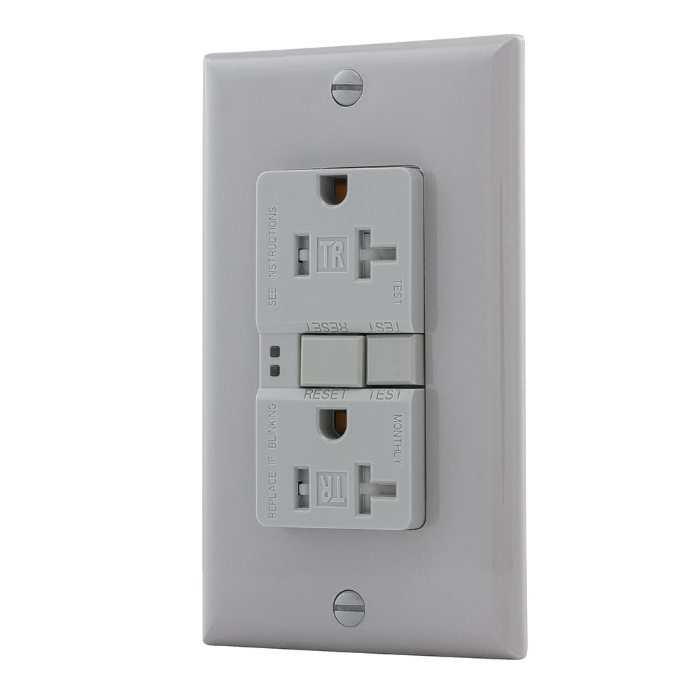 TRSGF20GY Duplex Self-Test Tamper-Resistant GFCI Receptacle, 125 V AC, 20 A, 2 Poles, 3 Wires, Gray
