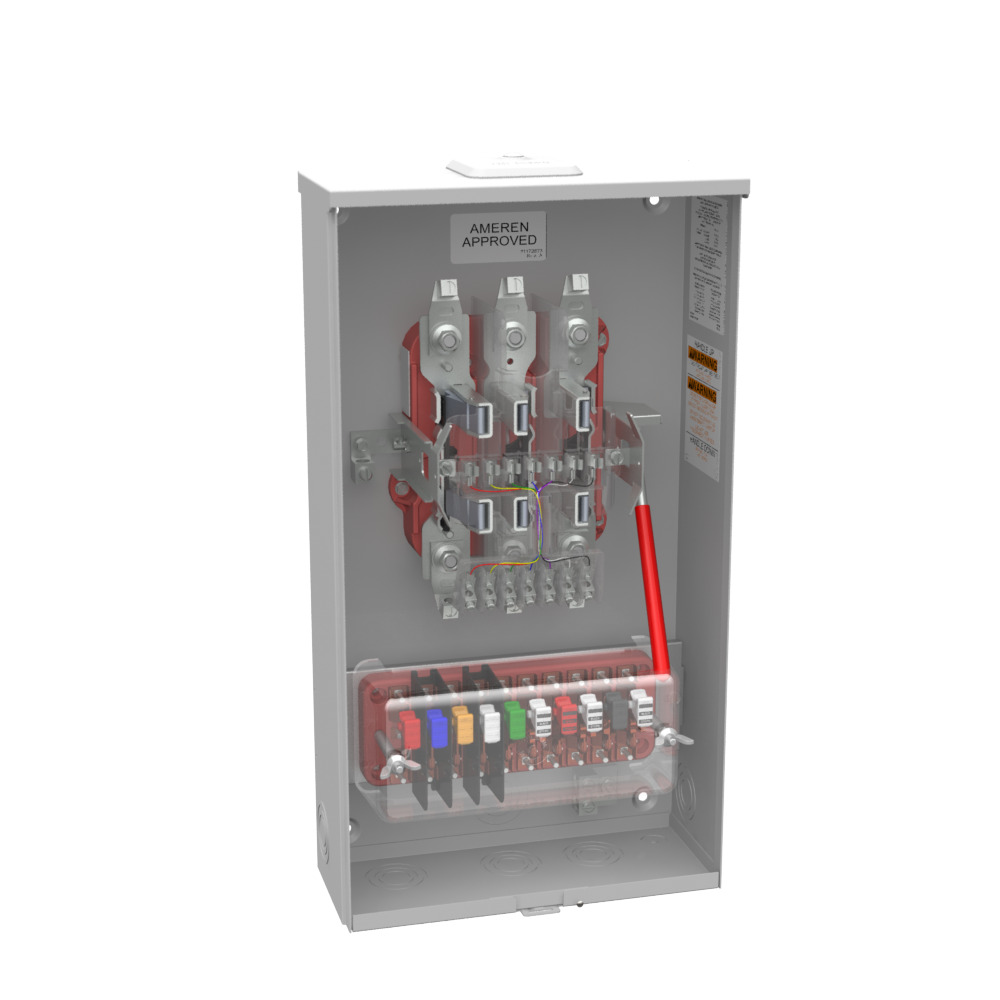 U4497-XL-WC-61-AMS Single Position Meter Socket with Cover Test Switch Prewired, 20 Amp, 3 Phase, Ringless, Lever, 13 Term, OH, UG, 600V