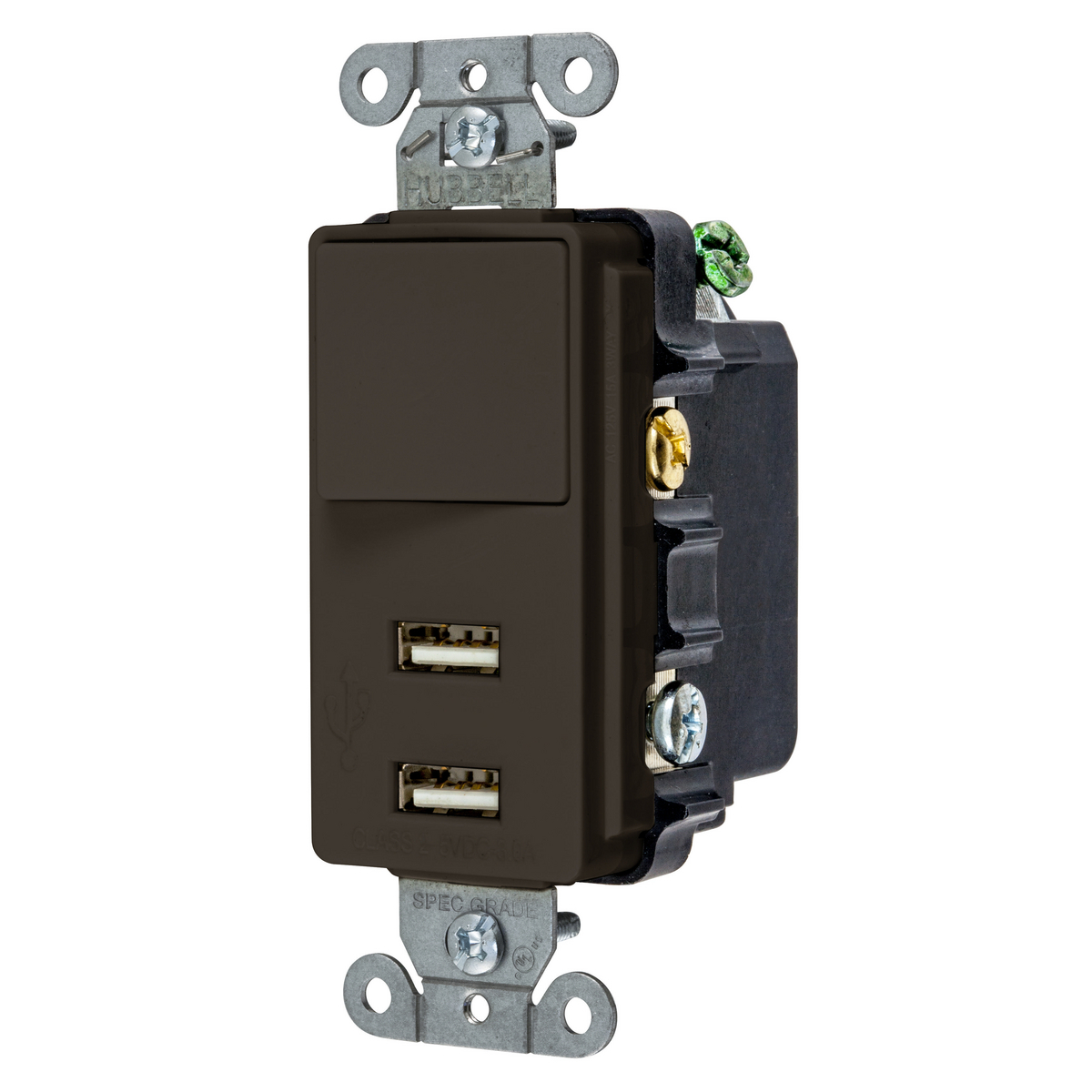 USB102 2-Port Decorator Duplex Standard Sized Switch Combo Outlet, 120/277 V AC, 15 A, 5 V DC, 375 W, 1 Phase, 2 Poles, 3 Wires, Brown