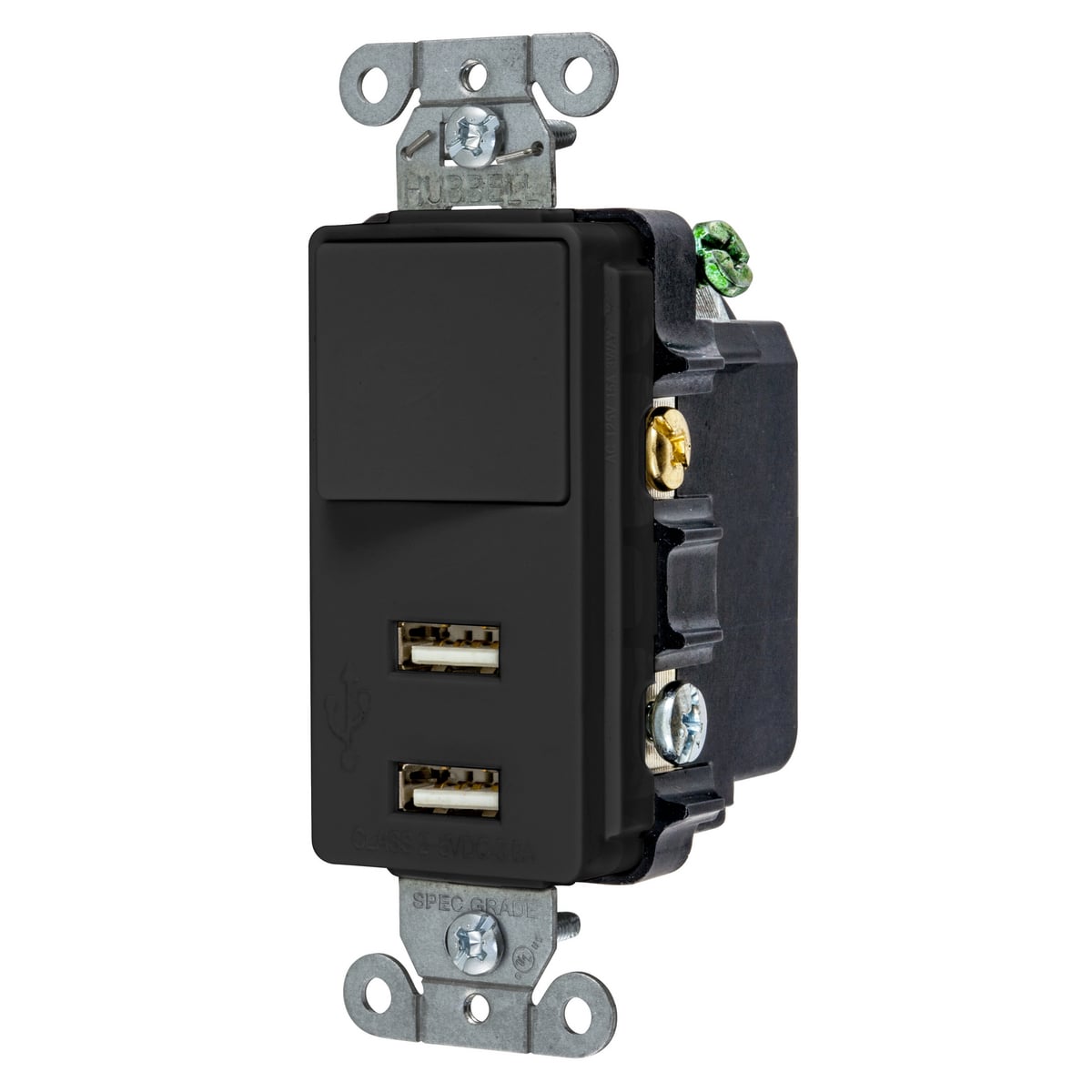 USB102BK 2-Port Decorator Duplex Standard Sized Switch Combo Outlet, Electrical Ratings: 120/277 V AC, 15 A, 375 W, 1 Phase, 2 Poles, 3 Wires, Black