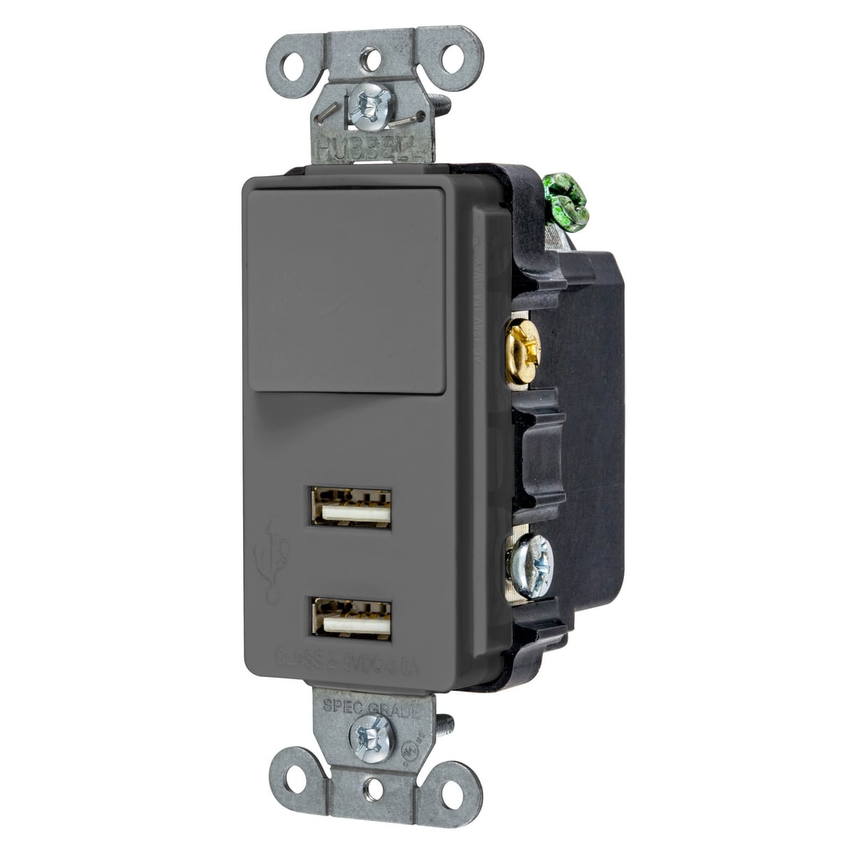 USB102GY Decorator Duplex Standard Sized Switch Combo Outlet, Electrical Ratings: 125 V, 3 A, 375 W, 1 Phase, 2 Poles, 3 Wires, Gray