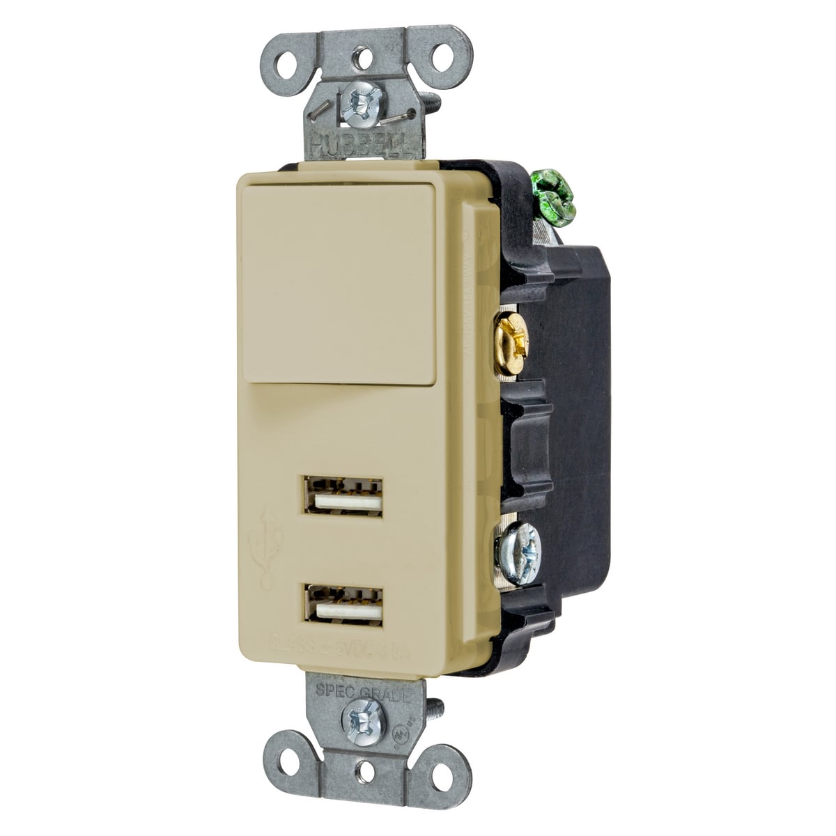 USB102I Decorator Duplex Grounding Standard Switch Combo Outlet, Electrical Ratings: 125 V, 3 A, 5 V DC, 375 W, 1 Phase, 2 Poles, 3 Wires, Ivory