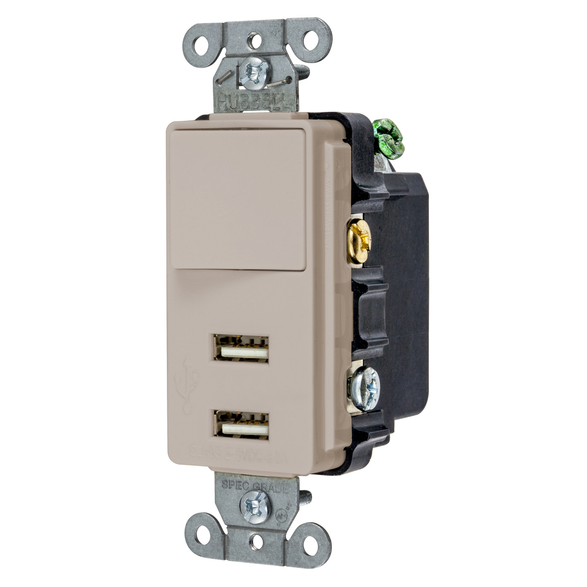 USB102LA Decorator Duplex Grounding Standard Switch Combo Outlet, Electrical Ratings: 125 V, 3 A, 5 V DC, 375 W, 1 Phase, 2 Poles, 3 Wires, Light Almond