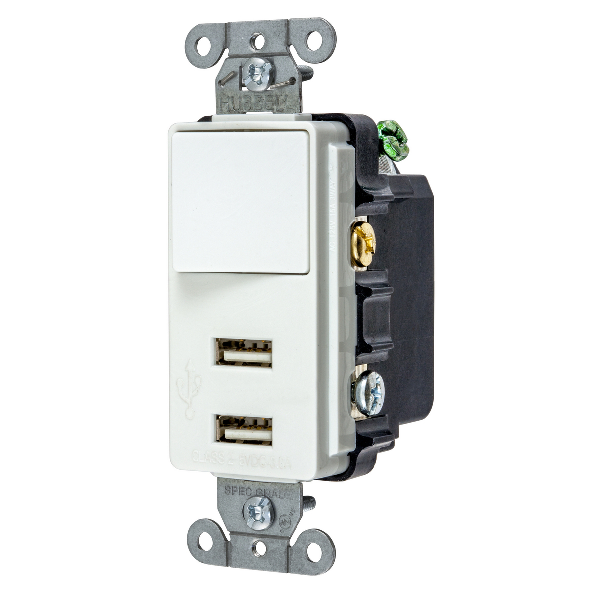 USB102W Decorator Duplex Grounding Standard Switch Combo Outlet, Electrical Ratings: 125 V, 3 A, 5 V DC, 375 W, 1 Phase, 2 Poles, 3 Wires, White