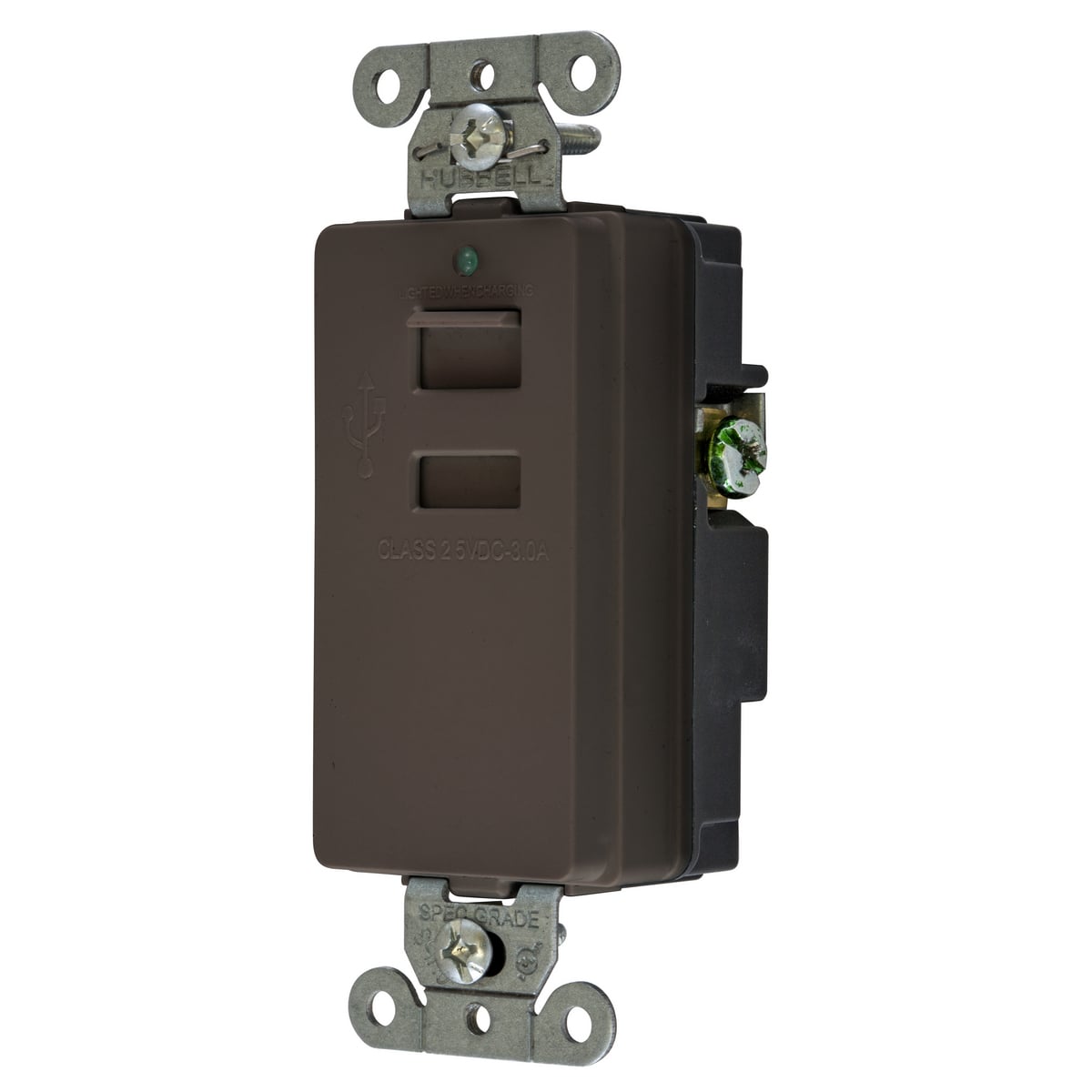 USB2 1-Phase 2-Port Decorator Duplex Grounding Standard Screw Mount USB Charger Outlet, 5 VDC, 3 A, 2 Poles, 3 Wires, Brown