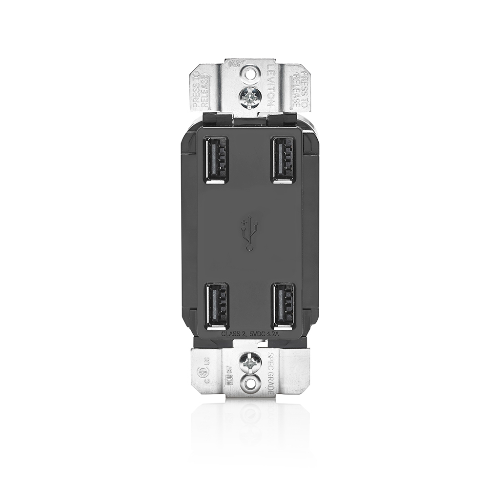 USB4P-E USB Charger, 4.2 A, 125 V AC, 25 W, 3 Wires, Black