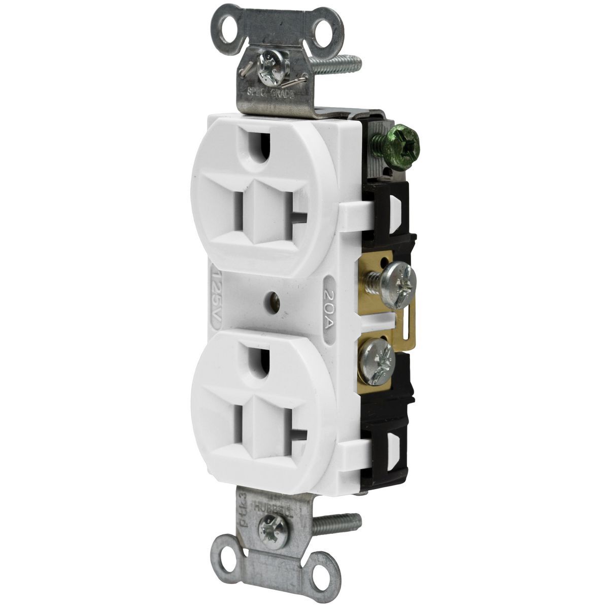 5362AW 1-Phase Duplex Heavy Duty Self-Grounding Standard Straight Blade Receptacle, 125 V, 20 A, 2 Poles, 3 Wires, White