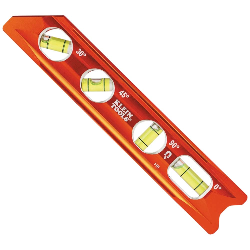 935RB Rare Earth Magnet Billet Torpedo Level, 8 in L, 4 Vials, Aluminum, 0/30/45/90 deg Vial Position, 0.1 % Accuracy