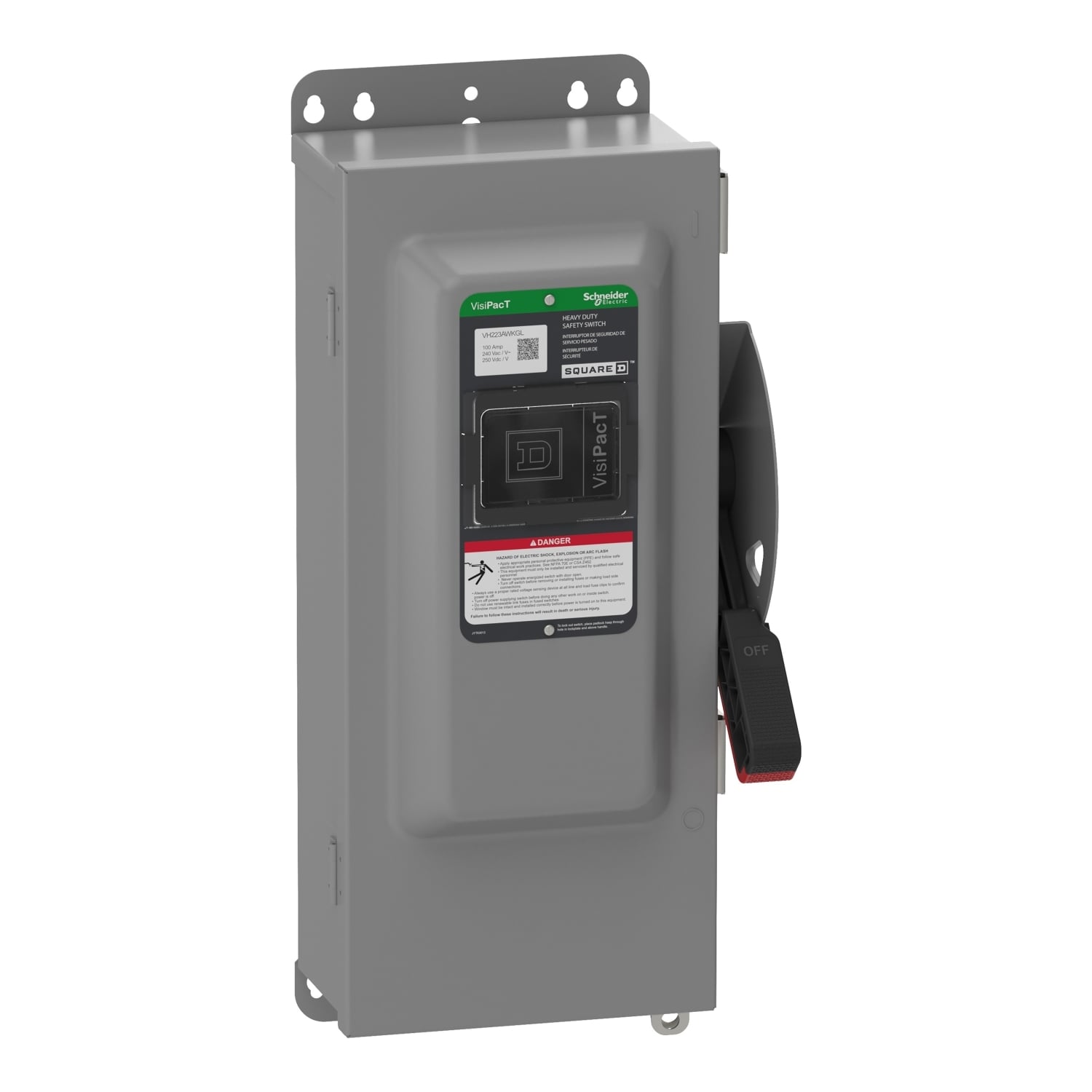 VH223AWKGL Heavy Duty Fusible Disconnect Safety Switch, 240 VAC, 250 VDC, 100 A, 7.5, 15, 20, 30 hp, 2 Poles