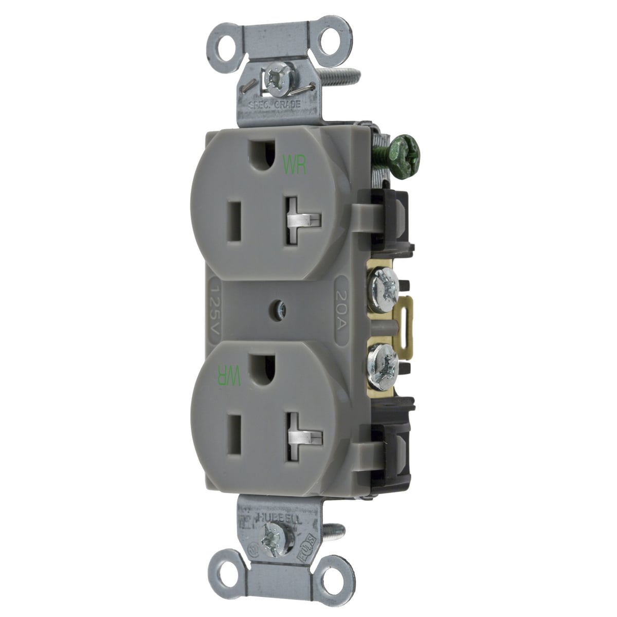 BR20GRYWRTR 1-Phase Duplex Tamper/Weather-Resistant Standard Traditional Screw Mount Straight Blade Receptacle, 125 V AC, 20 A, 2 Poles, 3 Wires, Gray