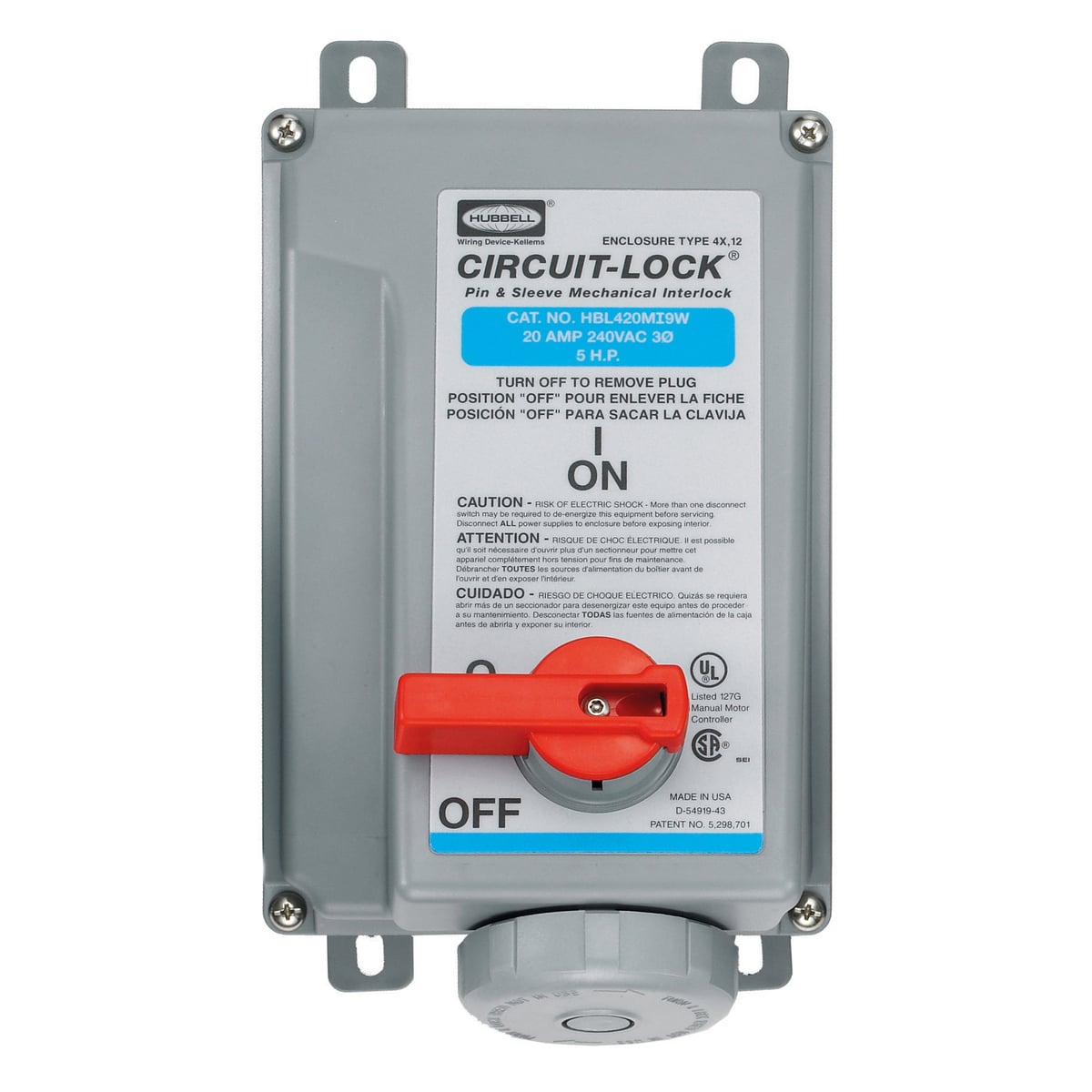 HBL420MI9W 3-Phase Female Grounding Non-NEMA Standard UnFusible Watertight Pressure Screw Terminal Pin and Sleeve Mechanical Interlock, 240 V AC, 20 A, 3 Poles, 4 Wires