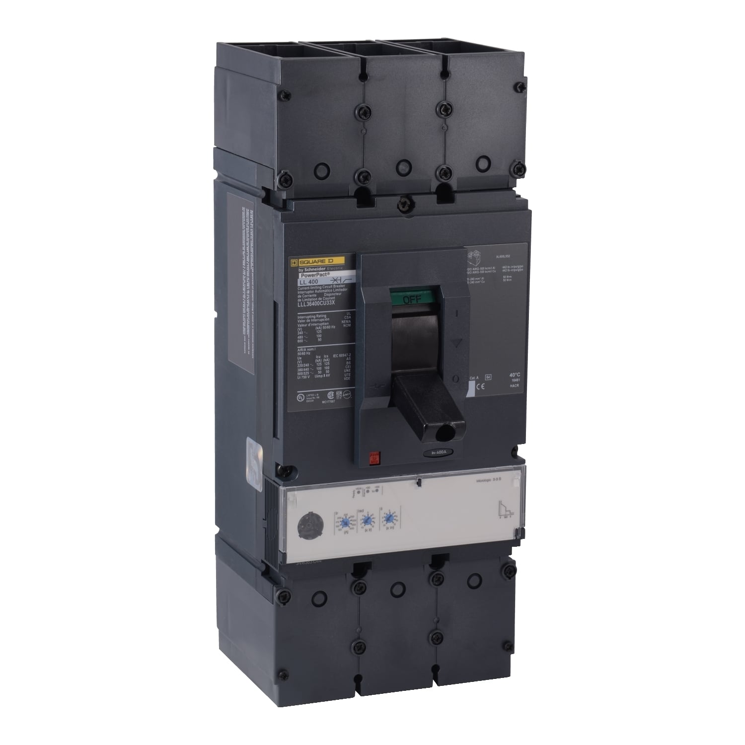 LDL36600U33X PowerPact Current Limiter Standard L Molded Case Circuit Breaker, 600 VAC, 600 A, 14/18/25 kA Interrupt, 3 Poles, Electronic Trip