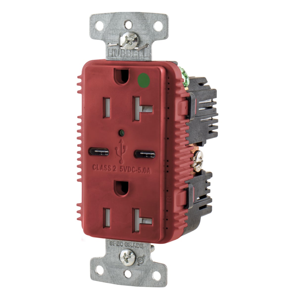 USB8300C5R Duplex Grounding Tamper-Resistant USB Charger Receptacle With Green LED, 20 A at 125 V AC, 1 hp, 2500 W, 1 Phase, 2 Poles, 3 Wires, Red