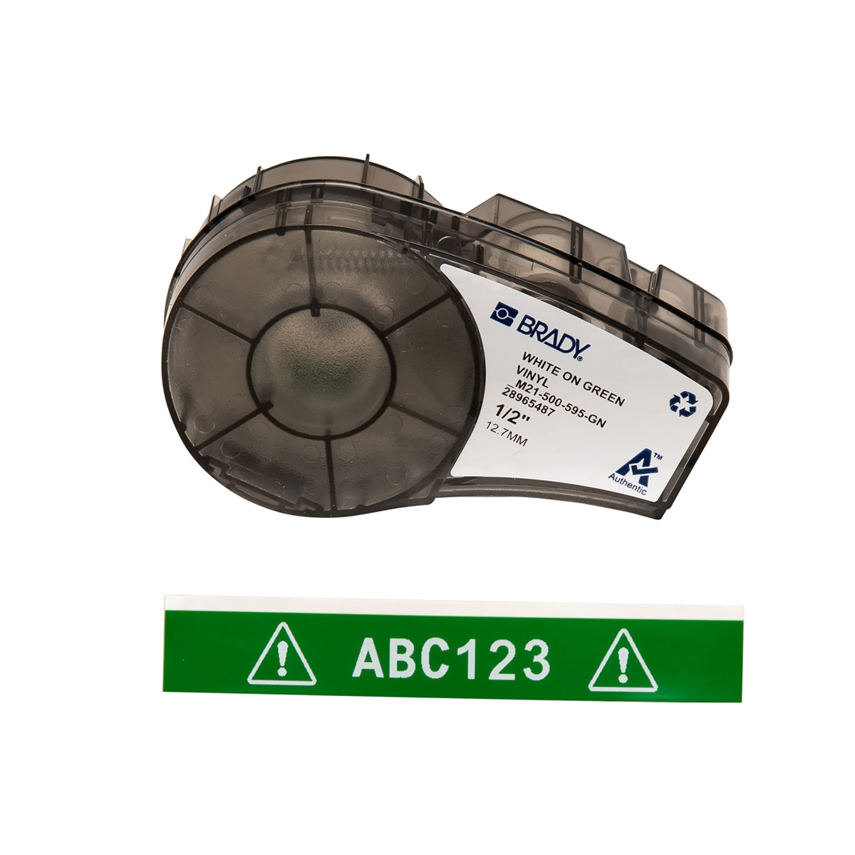 M21-500-595-GN BPM21 Label Marker Cartridge, 21 ft L x 1/2 in W, For Use With BMP 21 PLUS Portable Label Printers, IDPAL and LABPAL Handheld Label Maker, B-595 Vinyl, White on Green