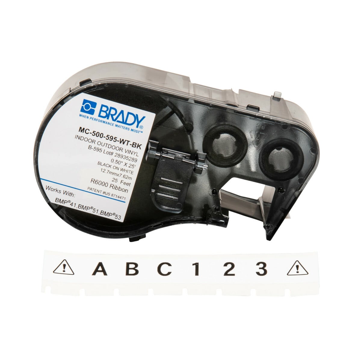 MC-500-595-WT-BK M Series Label Maker Cartridge, 25 ft L x 1/2 in W, For Use With BMP 41 Label Printers, BMP 51 and BMP 53 Label Maker, B-595 Vinyl, Black on White
