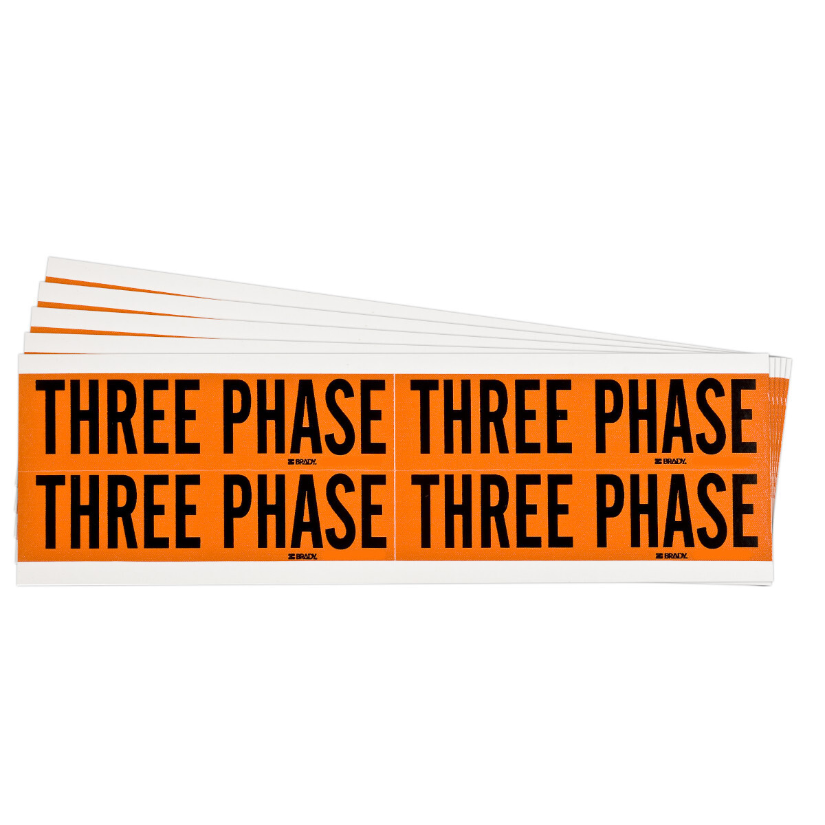 152380 CleanLift Repositionable Rectangle Self-Adhesive Style B Conduit and Voltage Label, 4-1/8 in W, THREE PHASE Legend, Black Legend, Orange Background, B-498 Vinyl Cloth