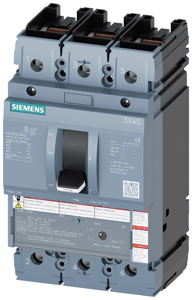 3VA5220-5ED36-0AA0 Sentron Low Voltage Molded Case Circuit Breaker, 600 V AC/750 V DC, 200 A, 18 kA at 600 V, 35 kA at 480 V, 85 kA at 240 V Interrupt, 3 Poles, Thermal Magnetic Trip