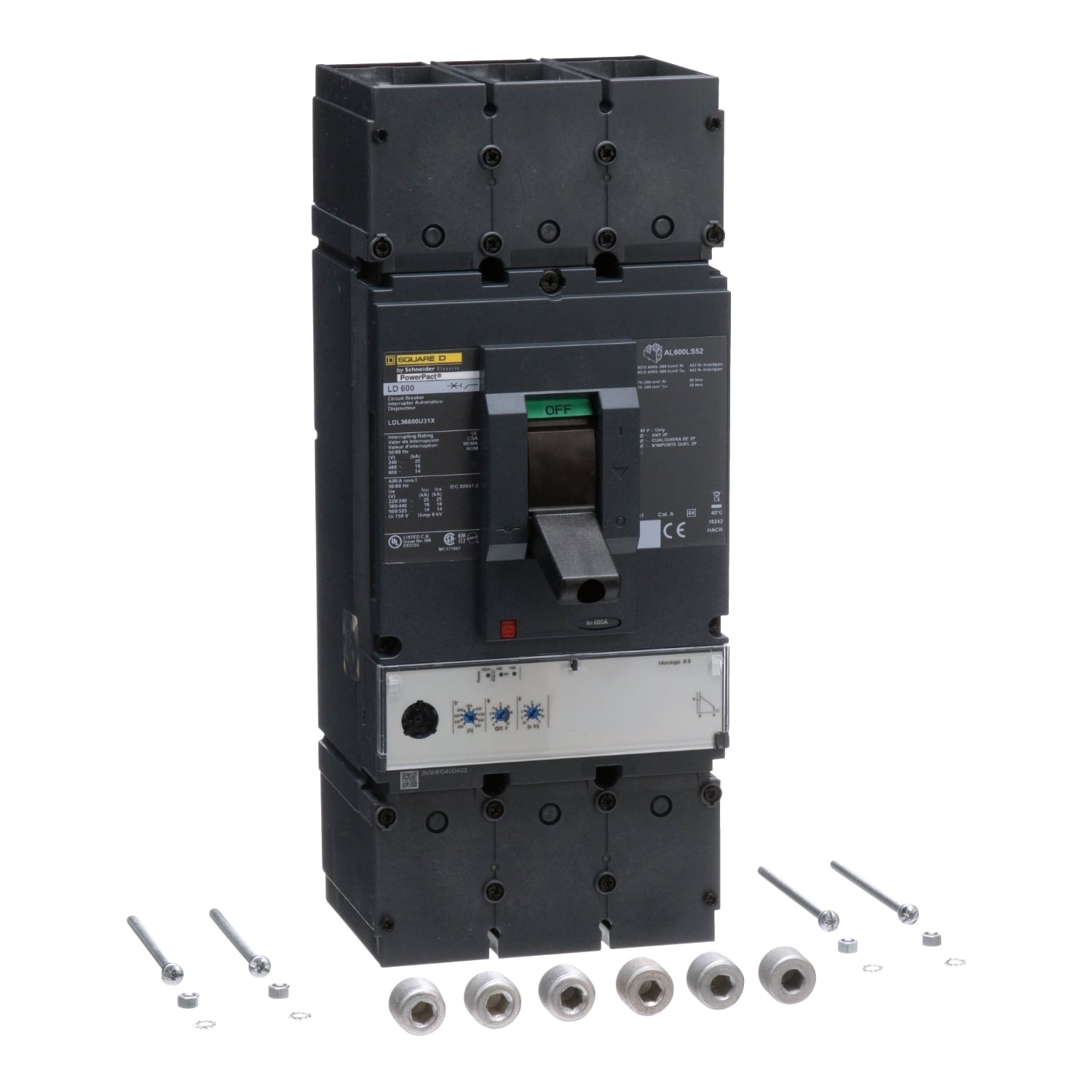 LDL36600U31X PowerPact 80% Rated Molded Case Circuit Breaker, 600 V AC, 600 A, 14 kA Interrupt, 3 Poles, Electronic Trip