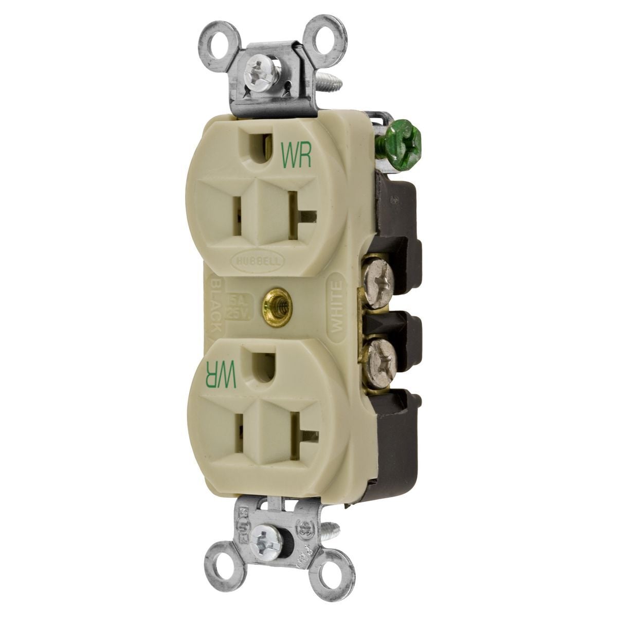 5362IWR 1-Phase Duplex Grounding Heavy Duty Standard Traditional Weather-Resistant Screw Mount Straight Blade Receptacle, 125 V AC, 20 A, 2 Poles, 3 Wires, Ivory