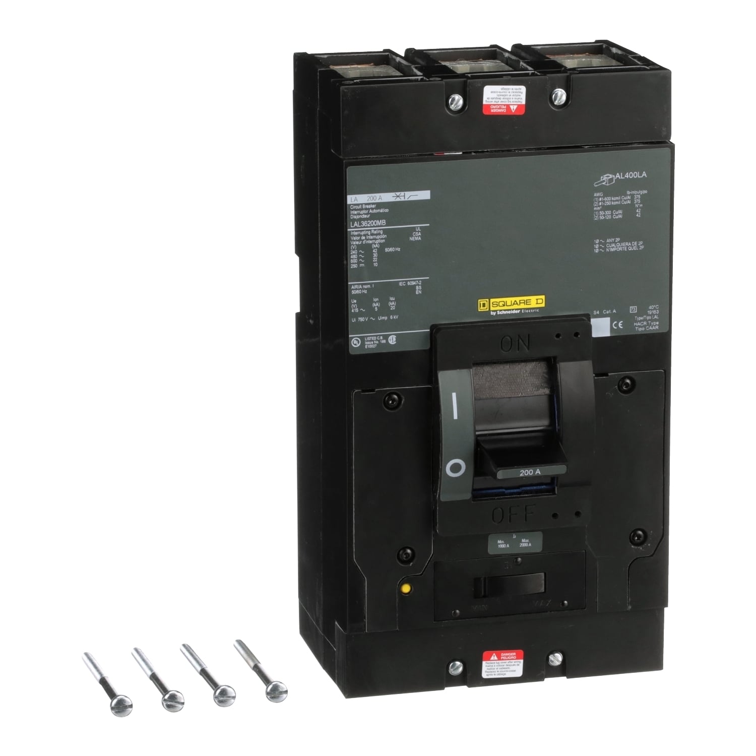 LAL36200MB PowerPact Adjustable Standard Interrupt Molded Case Circuit Breaker, 600 VAC, 250 VDC, 200 A, 10/22/30/42 kA Interrupt, 3 Poles, Thermal Magnetic Trip