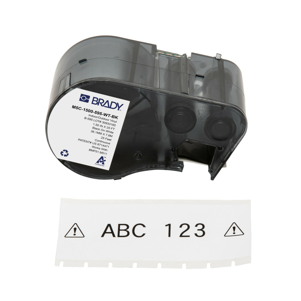 M5C-1500-595-WT-BK General Permanent Adhesive Label, 25 ft L x 1.5 in W, Black on White, B-595 Vinyl
