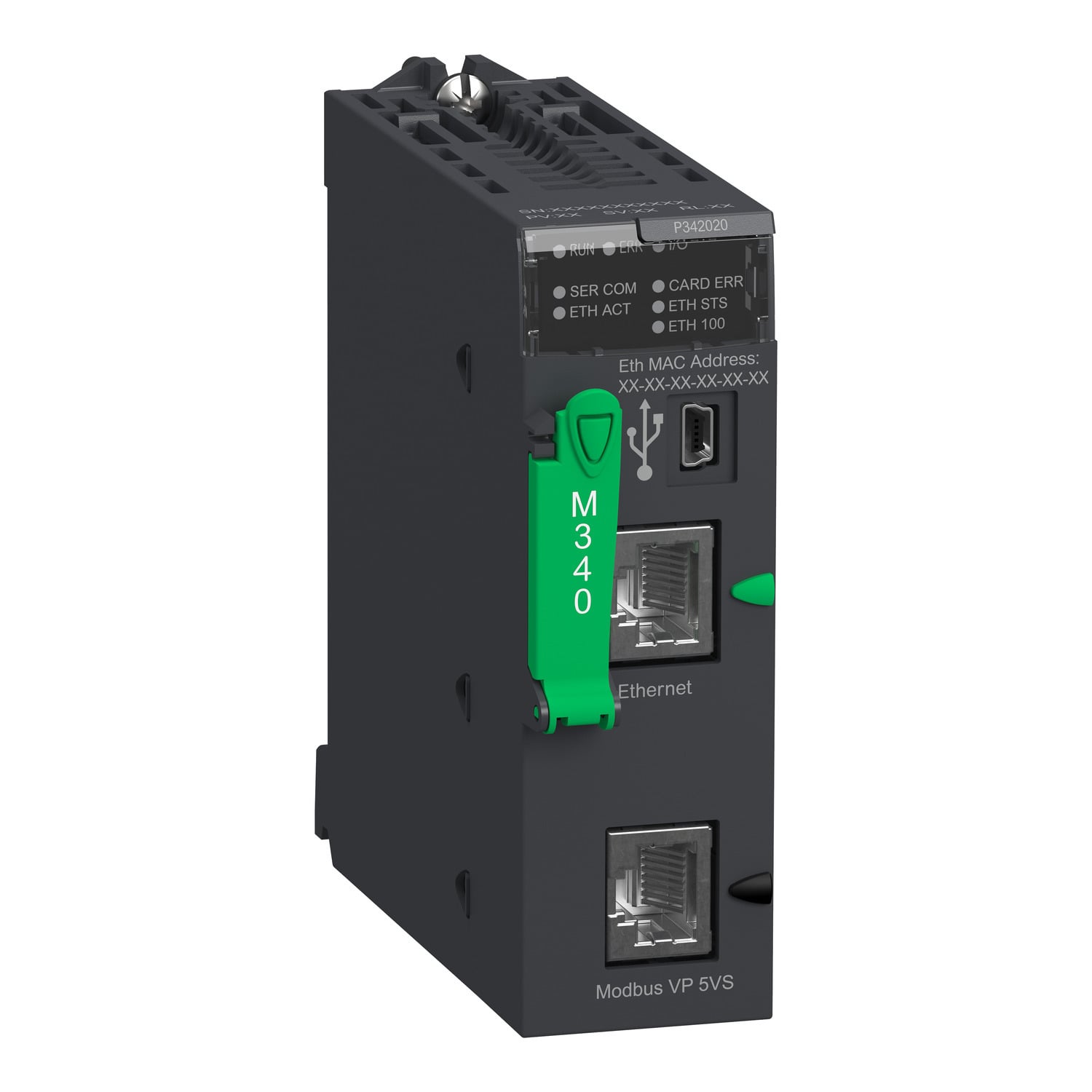 BMXP342020 Modicon CPU Processor Module, 1024 Discrete/256 Analog Memory, 1024 I/O Multi-Rack, 704 I/O Single Rack I/O Capacity, 256 Multi-Rack/66 Single-Rack Configuration Input/Output, Rack Mount