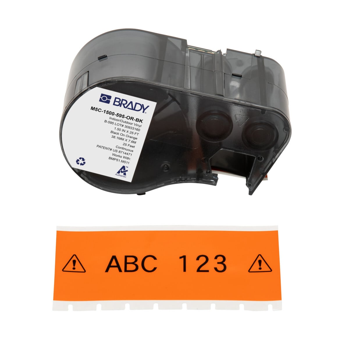 M5C-1500-595-OR-BK General Permanent Adhesive Label, 25 ft L x 1.5 in W, Black on Orange, B-595 Vinyl