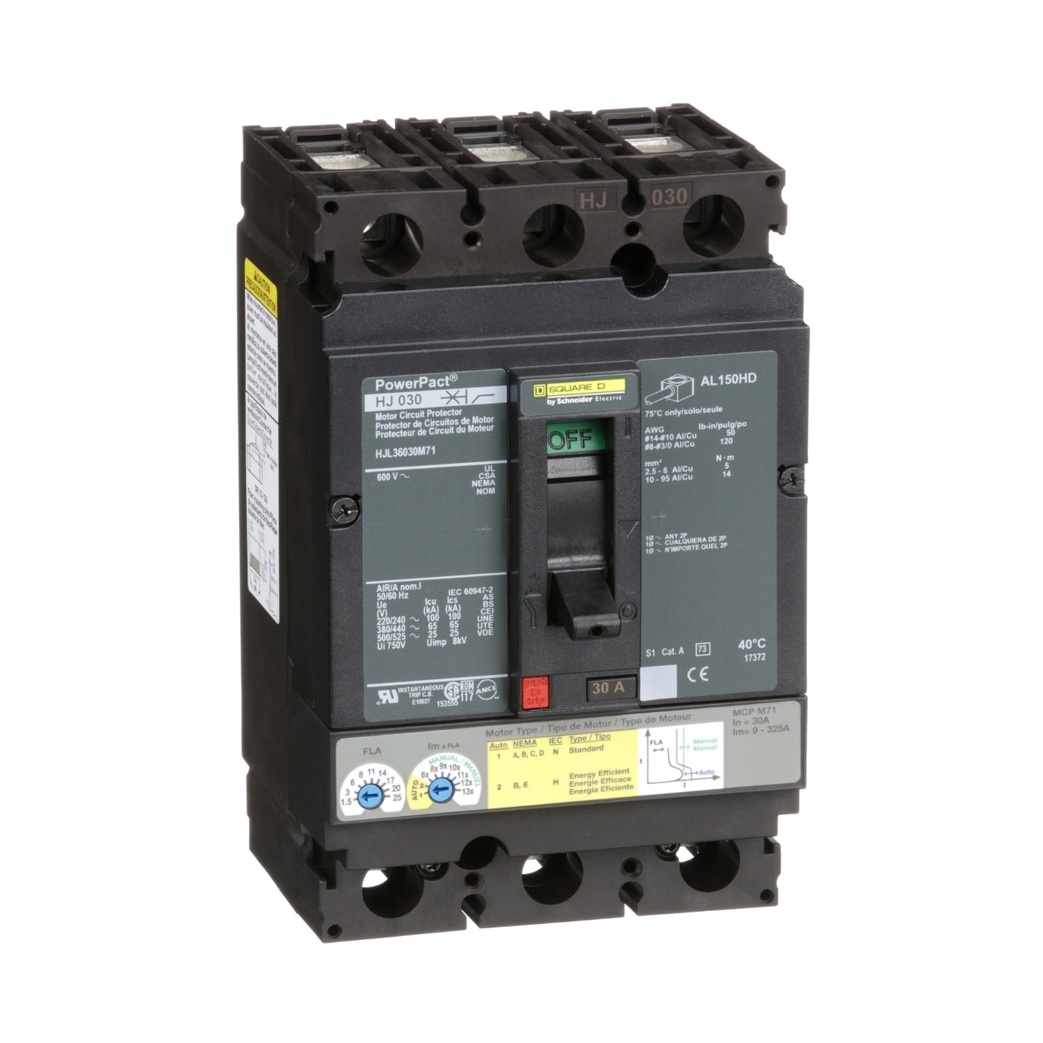 HJL36030M71 Motor Circuit Breaker, 30 Amp, 3 Pole, 600V