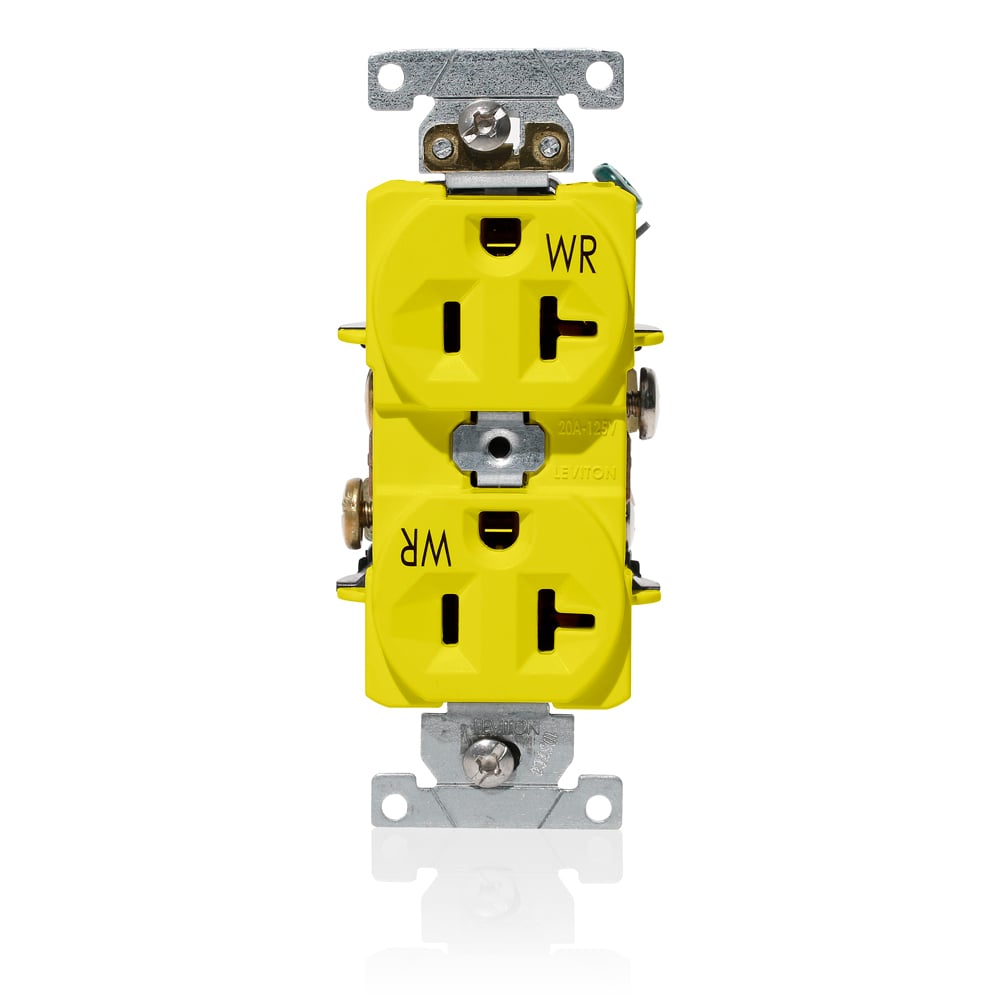 WBR20-Y 1-Phase Duplex Heavy Duty Self-Grounding Weather Resistant Straight Blade Receptacle, 125 V AC, 20 A, 2 Poles, 3 Wires, Yellow