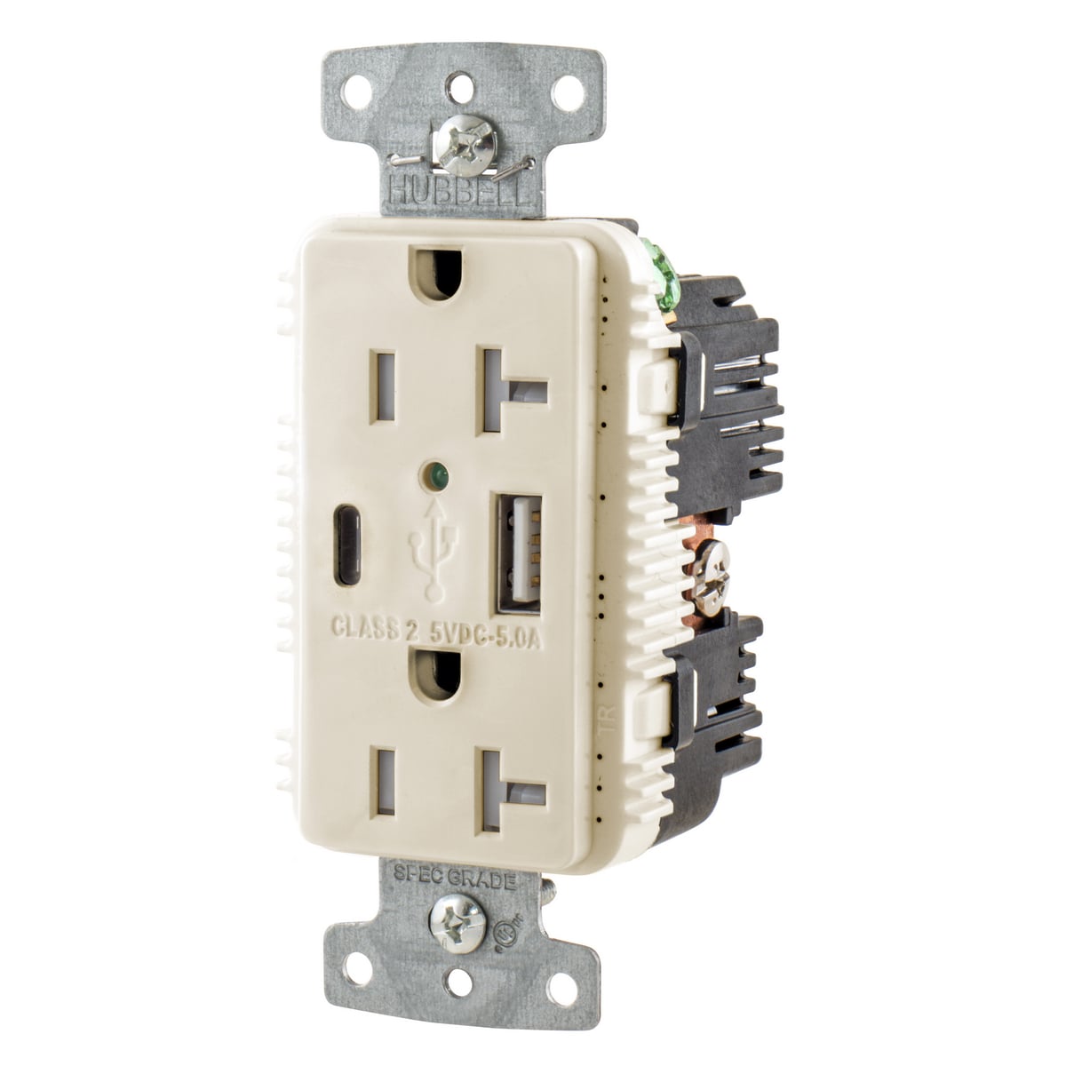 USB20AC5LA Duplex Grounding Standard Tamper-Resistant USB Charger Receptacle With Green LED, 125 V AC, 20 A, 2500 W, 1 Phase, 2 Poles, 3 Wires, Light Almond